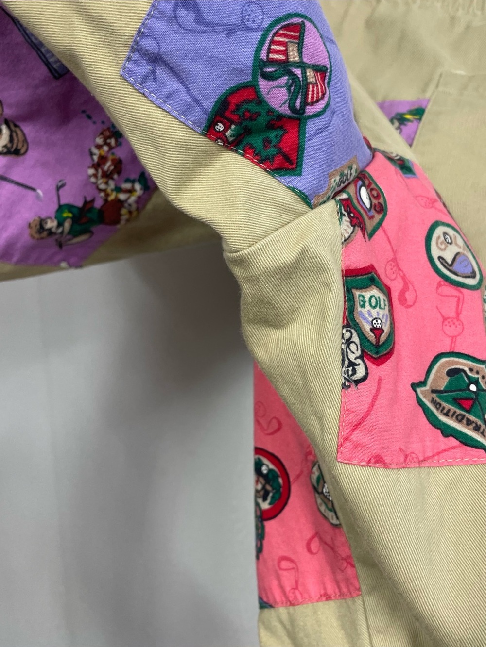 PatchIt Golf Print Patchwork Khaki Cotton Shorts Size Large Funky Retro - Picture 6 of 14